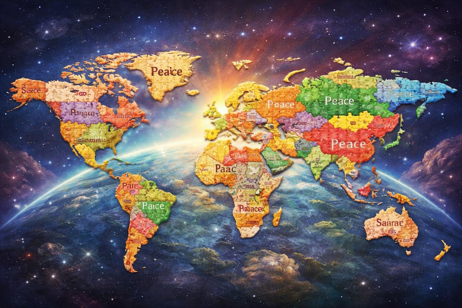 Continents illustrated as colorful puzzle fragments over the planet, with the word peace written across countries in many languages