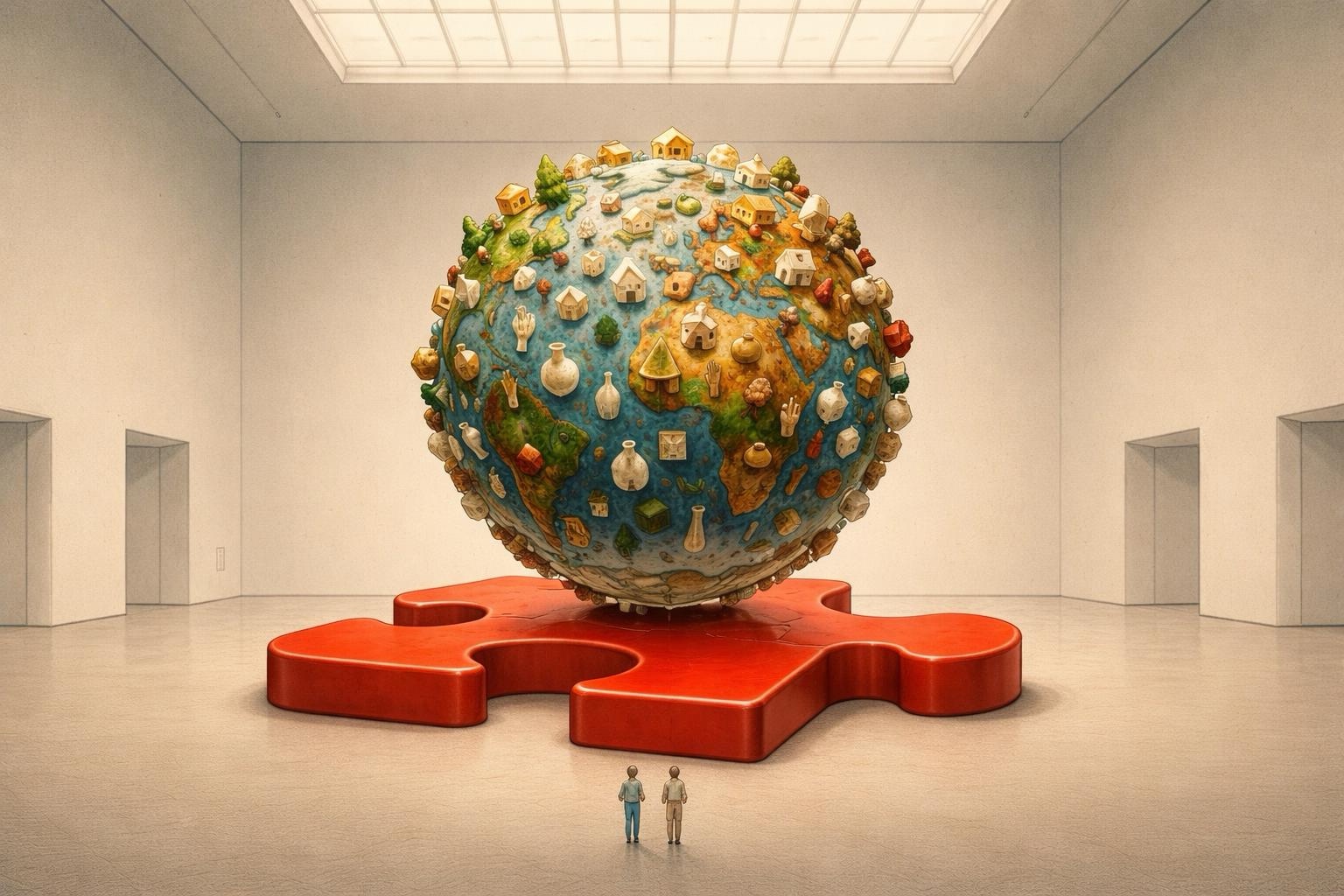 Il pianeta immaginario della 3D World Edition: una sfera fatta di un milione di mini-sculture stampate in 3D 10×10×10 cm, posata su una tessera puzzle gigante in un grande spazio espositivo
